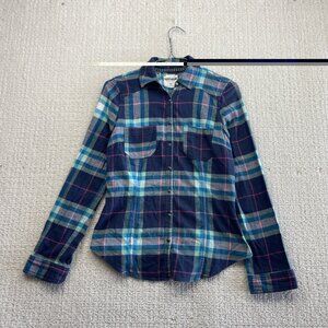 Y2K Garage Blue Plaid Button Down Shirt Wom Sz S Cowboy Pearl Snap Western